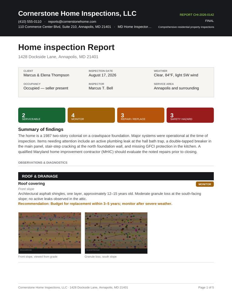 First page of the Maryland Home Inspection sample report